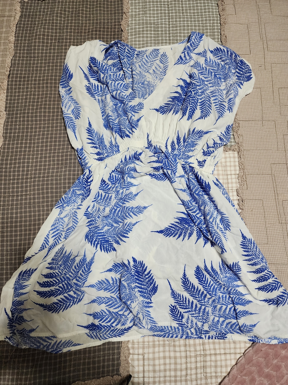 Women's White Mini Dress with Blue Fern Print